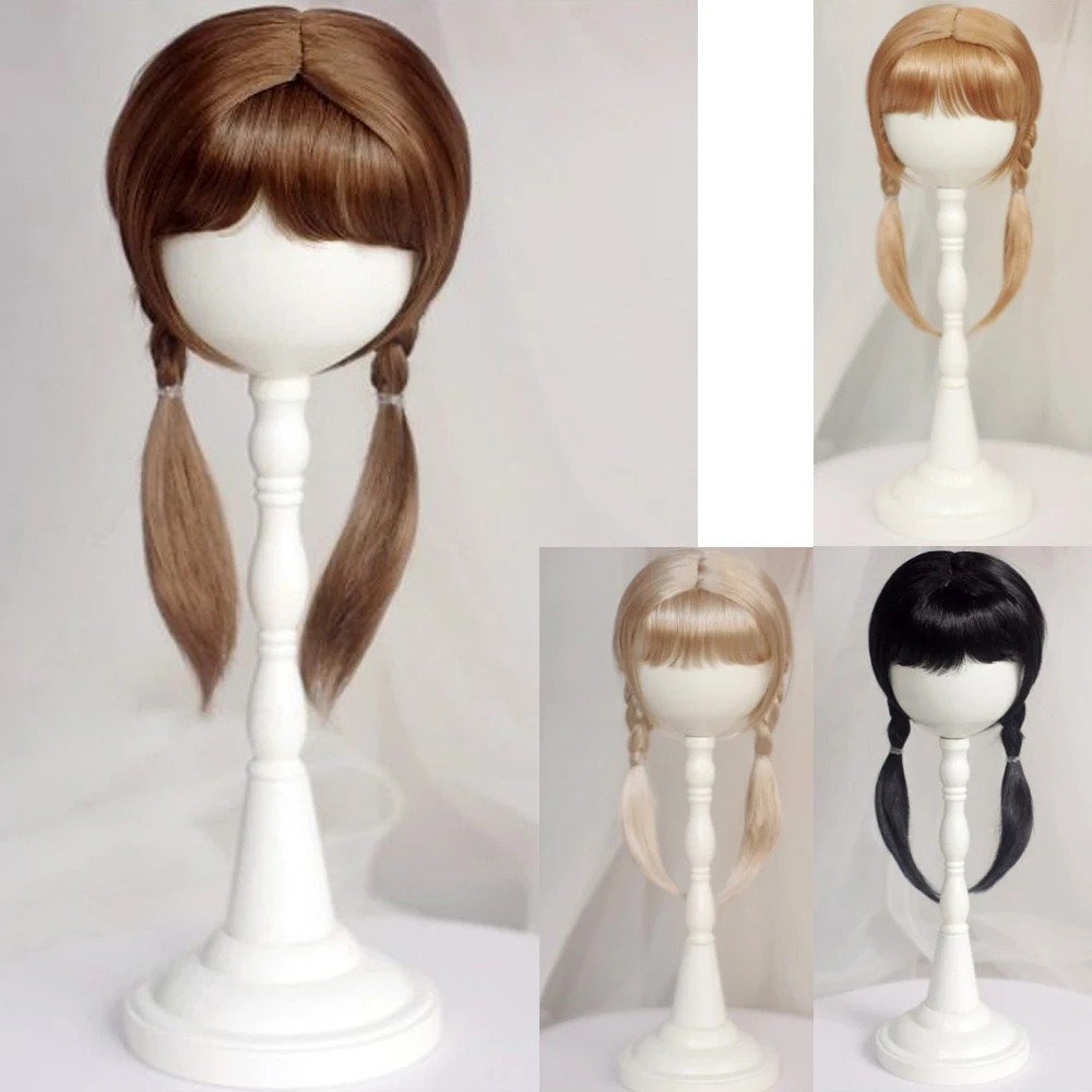 

D09-P363 детская игрушка ручной работы, парик для куклы MSD BJD 1/4 1/3, длинный парик из мохера черно-коричневого цвета с двойными косичками, 1 шт.