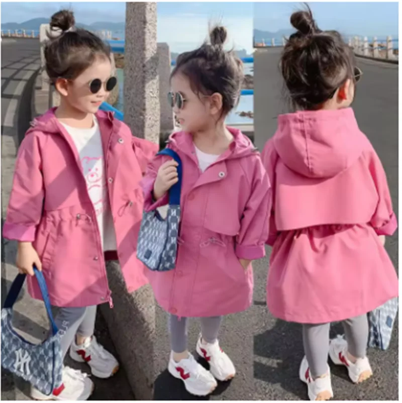 

2026 Hot Selling Spring Autumn Girls Coat Long Style Waist Retractable Hoodies Windbreaker Jacket For 2-12 Years Old Kids