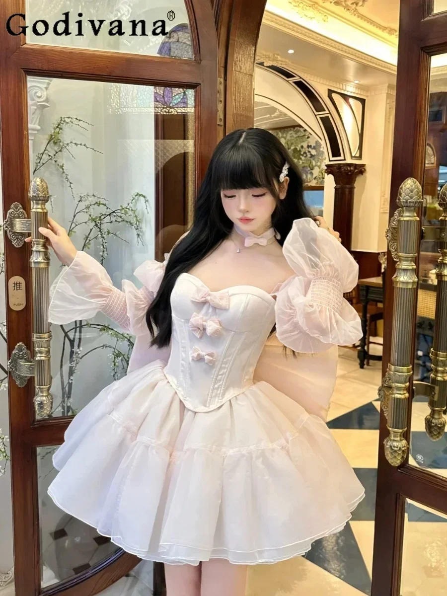 

Japanese Girl Sweet Cute Bow Pink Lolita Princess Dress High Waist Slim Party Elegant Dress Women Mini Dress Summer New 2024