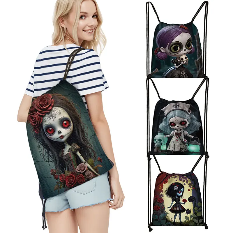 

Horror Nightmare Zombie Girl Print Drawstring Bag Goth Dark Gothic Women Storage Bags Backpack for Travel Shoes Holder