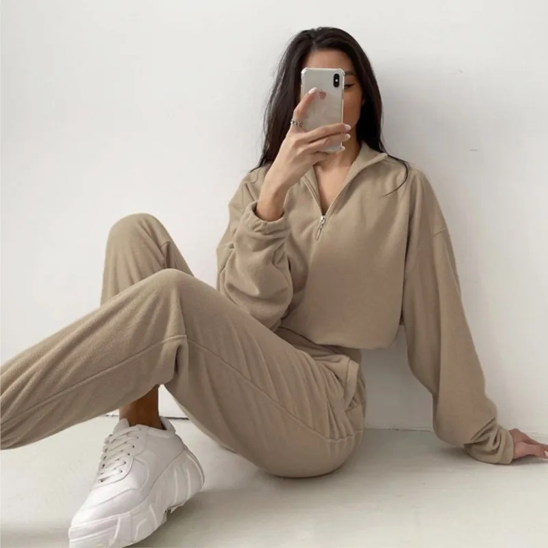 

2025 Women's Zipper Solid Color Hoodie Set Spring & Autumn Streetwear Breathable Stretch Fabric Comfort Fit for Gym Daily Wear