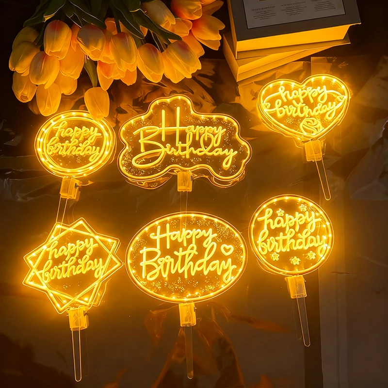 LED-Nachtlicht, blinkend, alles Gute zum Geburtstag, Tortenaufsatz, leuchtendes Neonlichtschild für Geburtstagskuchen, Dekoration, Partyzubehör – Detail 1