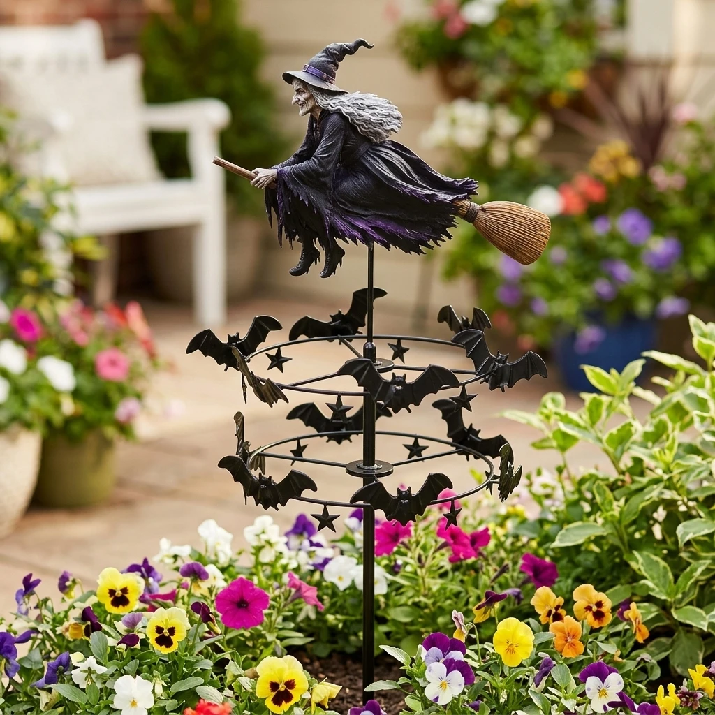 1pc Rotating Witch Wind Spinner Iron Metal Wind Vane Halloween Yard Art Decoration Stakes for Garden Patio Home Ornament