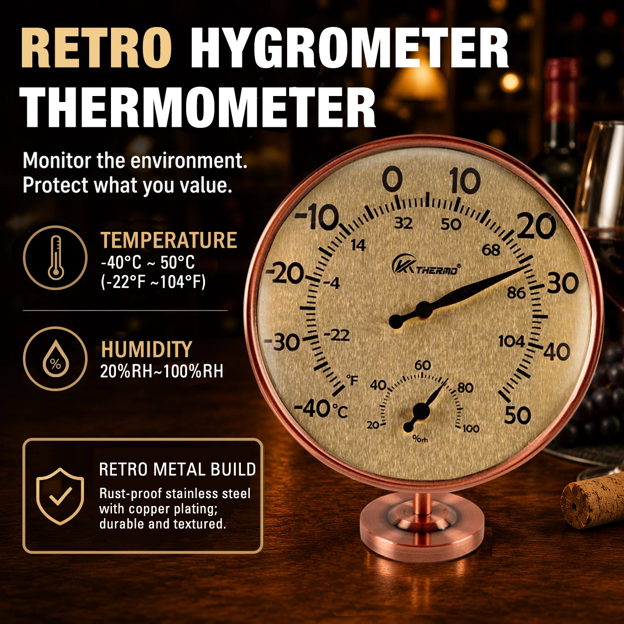 Retro Analog Thermometer & Hygrometer with 360° Rotating Stand.Suitable for home bedrooms, offices, studies and other places.