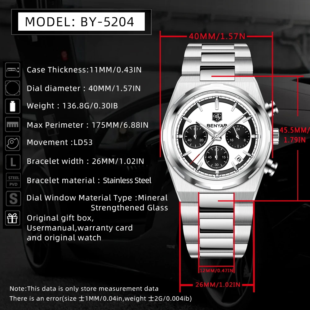 BENYAR 2024 새로운 시계 남자 럭셔리 브랜드 크로노 그래프 남성 스포츠 시계 방수 스테인레스 스틸 쿼츠 시계 Relojes Hombre