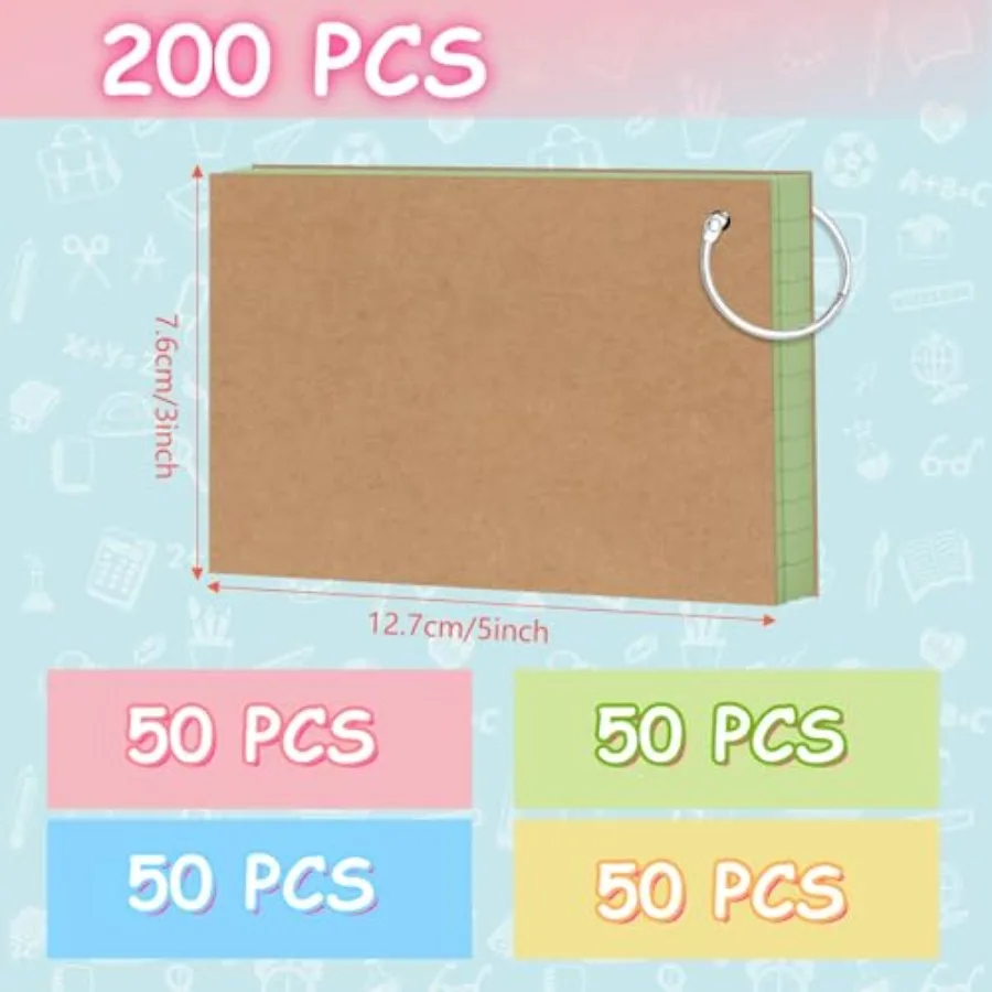 Gekleurde indexkaarten 3x5 inch flashcards met ring 4 kleuren zwaar gewicht gevoerde gelinieerde notitiekaarten voor studeren op kantoor, school en ho