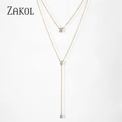 ZAKOL Fashion Round Double Layer Clavicle Choker Necklace for Women Girl Geometric Cubic Zirconia Chain Necklace Jewelry