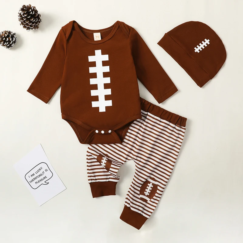 

3pcs Toddler Baby Boys Fall Clothes Sets Football Print Long Sleeve Rompers Elastic Striped Pants Beanie Hat for 0-18M