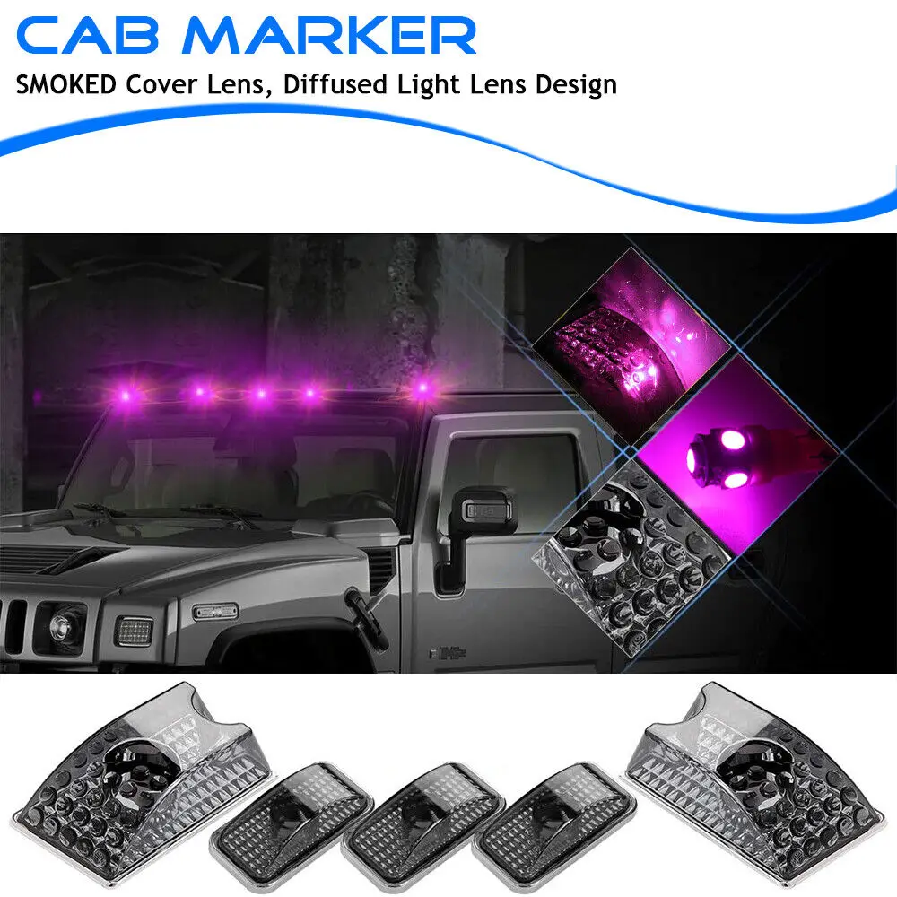 5Pcs Smoked Lens Pink/Purple LED Cab Roof Top Marker Running Lights Bulbs Kit for Hummer H2 SUV SUT 2003-2009