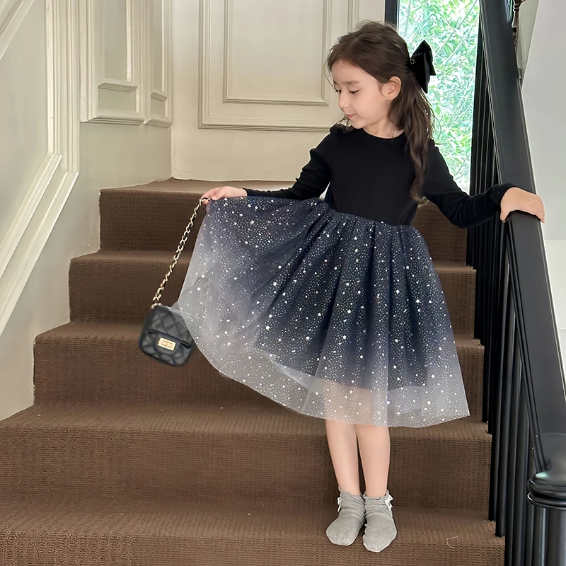 Children Girls Dress Kids Long-sleeved Mesh Splicing Fluff Dress Gradient Star Gauze Autumn Spring Dress Kids Mesh Tutu Vestidos