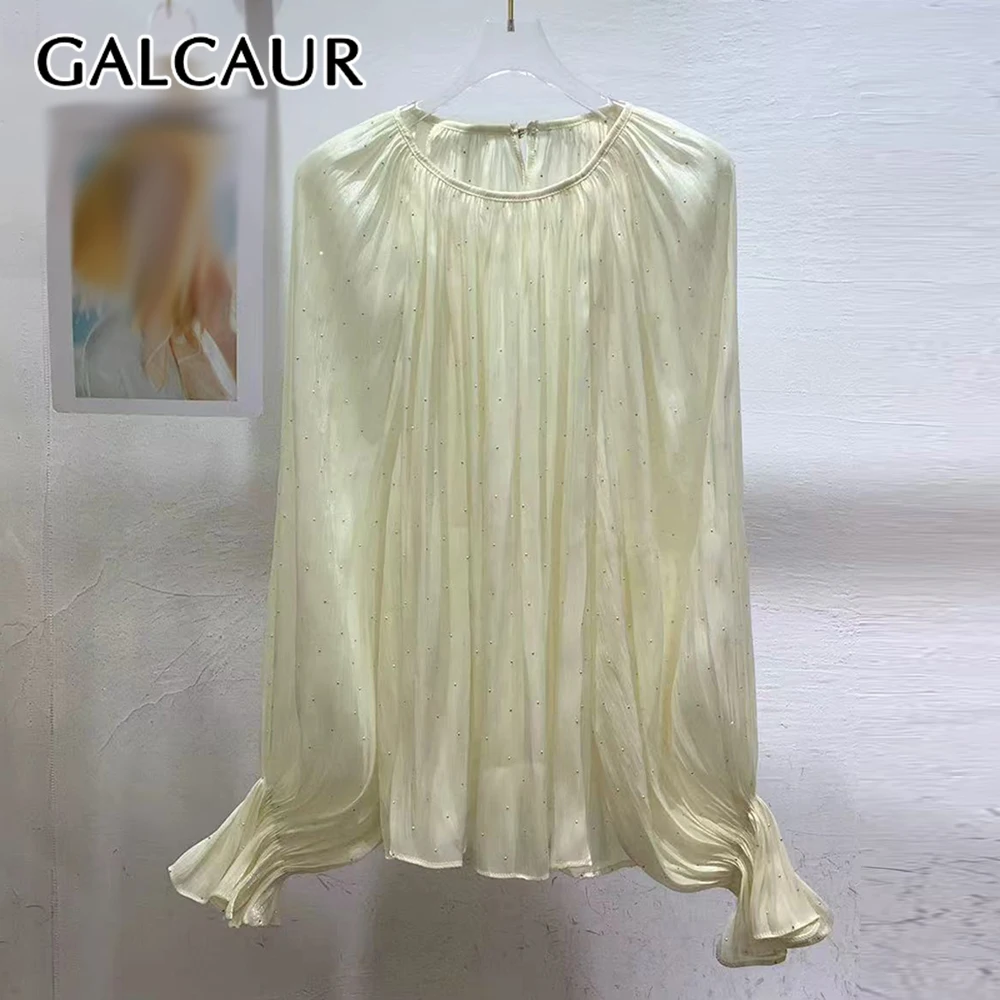 

GALCAUR Solid Spliced Folds French Shirt Female O Neck Long Sleeve Loose Gentle Intellectual Women's Shirts Autumn Fashion New