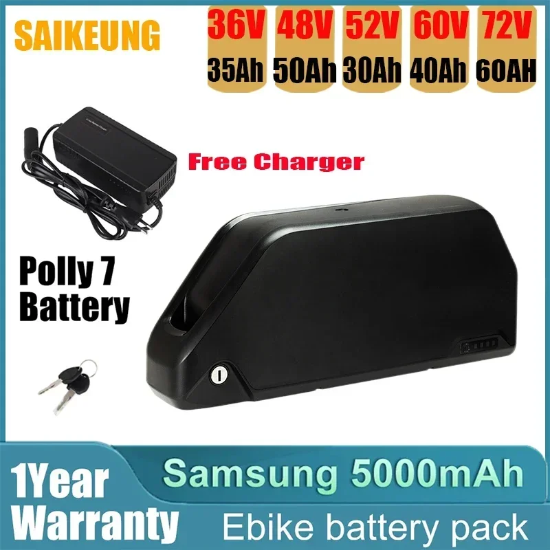 36V 48v 52V 60V 72V Electric Bike Down Tube Battery Polly Hailong 20ah 25ah 30ah 40ah 50ah 60AH Suitable for Motor 750W 3000W