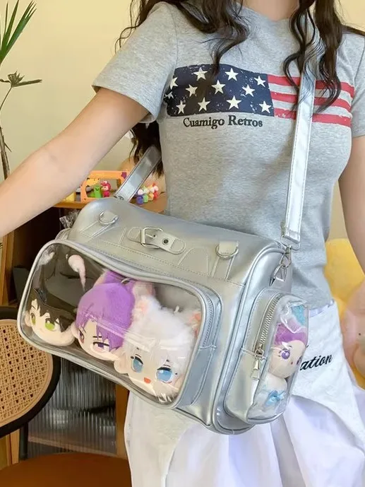 

Jin Gu College Sle Versatile Student Slant Crossbody Bag Transparent Big Capaci Daily Doll Bag Korean Sle Soft PU Leather