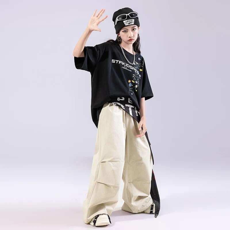 Teenager Hip Hop Kleidung Street Dance Outfit Schwarz T-shirt Khaki Hosen Baggy Jogger Tragen Mädchen Jungen Jazz Performance Set BL16578