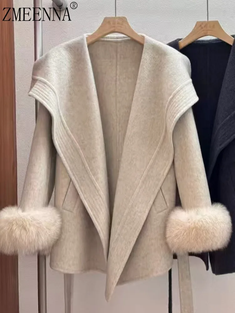 

ZMEENNA Wool Cashmere Coat For Women Faux Fur Cuffs And Collar Stylish Casual Oversized Winter Jacket With Belt ZM4046