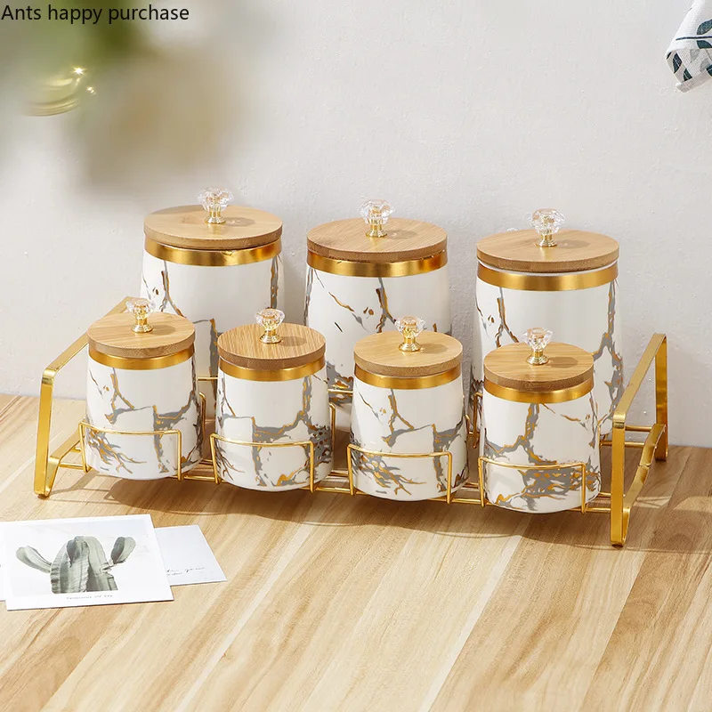 Ceramic Storage Jar 7 Piece Set Airtight Jar with Wooden Lid Storage Tank Food Storage Box Tea Caddy Spice Jars Kitchen Storage