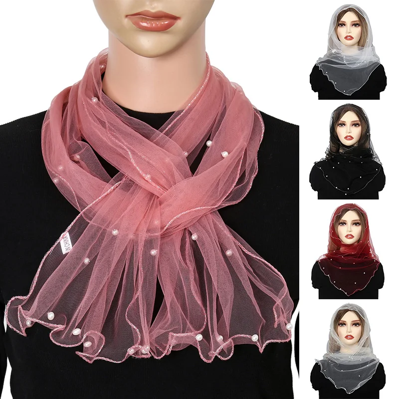 

Women Scarf Ruffle Neck Cover Bib Headband Thin Sunscreen Scarves Mesh Fake Pearl Collar Scarf Organza Elastic Small Neckerchief