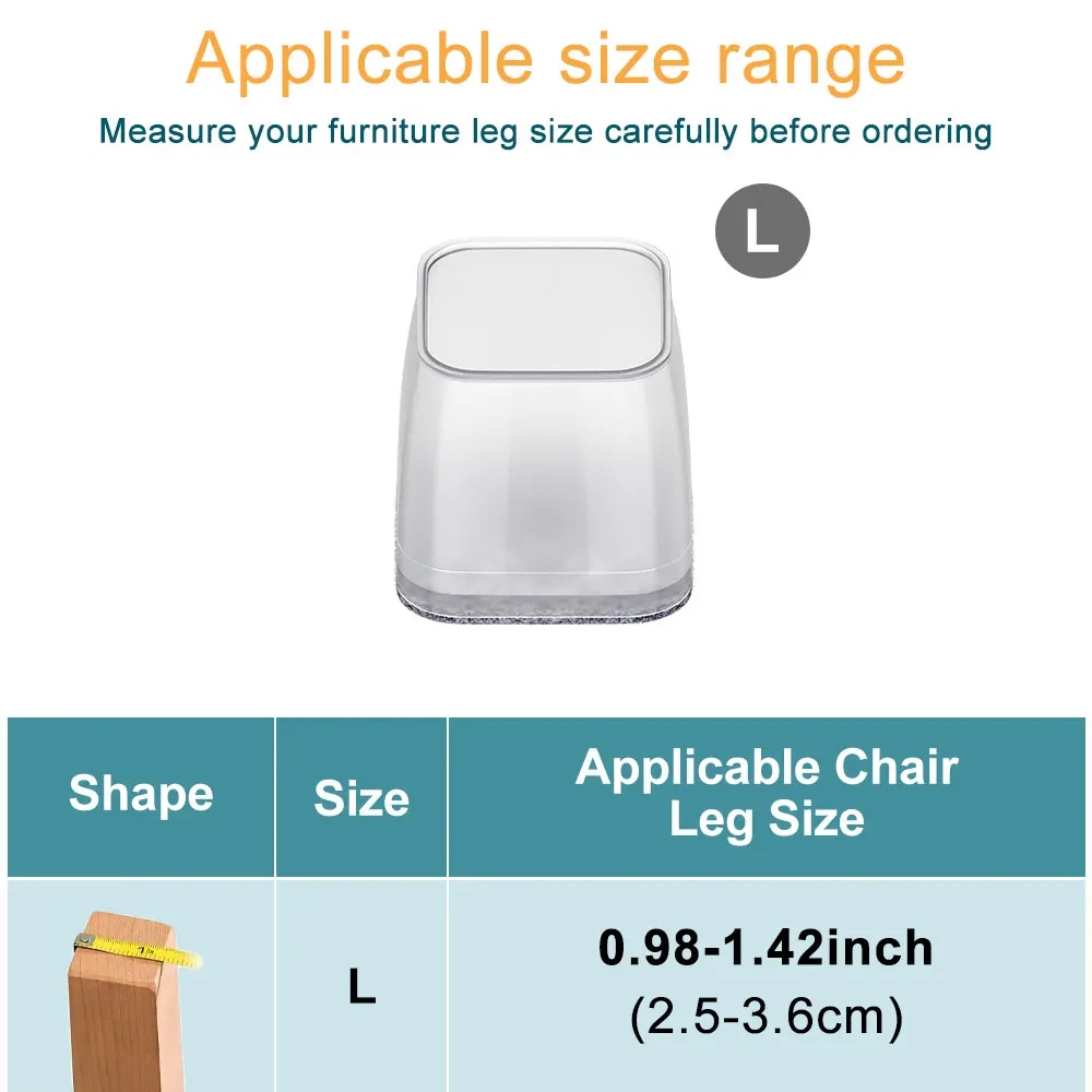 16Pcs Chair Leg Floor Protectors Square, Silicone Felt Furniture Leg Pads Caps Covers for Hardwood Floors