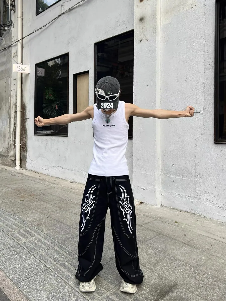 American Sle rétro déconstruit haute rue ligne brodée jean ample jambe droite jambe large pantalon Long pour le printemps