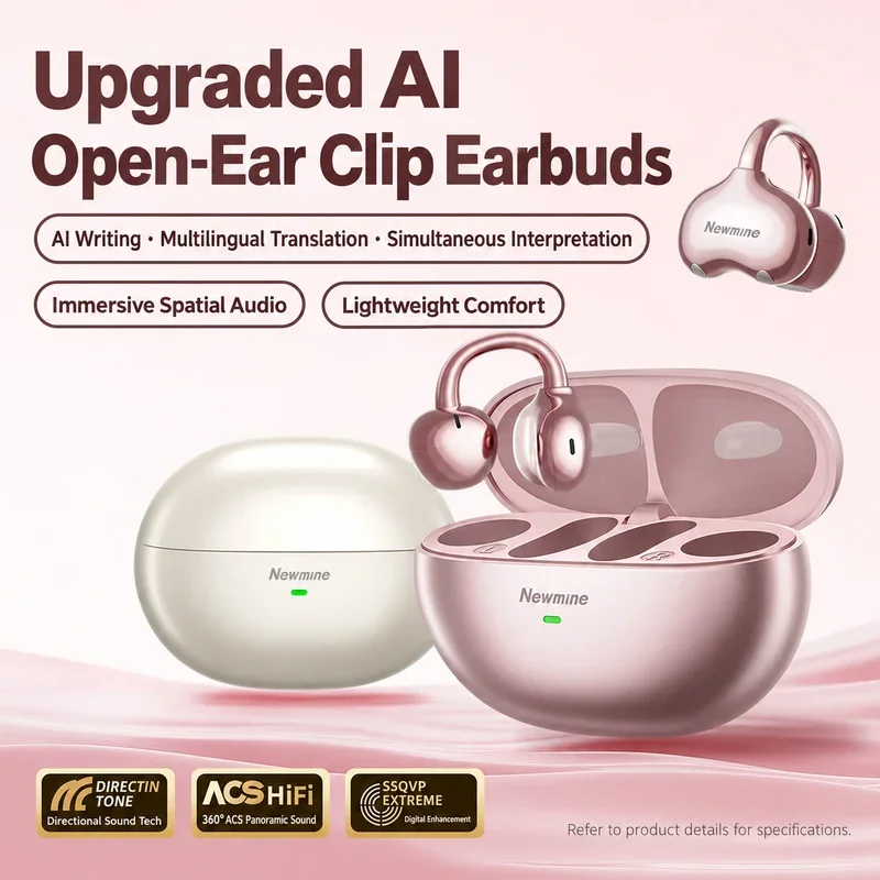 Newmine S6 PRO AI Open-Ear Clip Wireless Earbuds, 4g Lightweight Fit, Spatial Audio, Multilingual Translation, Secure Sports Fit
