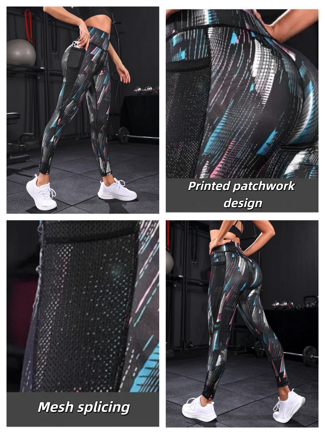 

Doodle-printed Women's Yoga Leggings With Side Pockets Mesh Splicing Design High Waist Tummy Control Pants Leggings