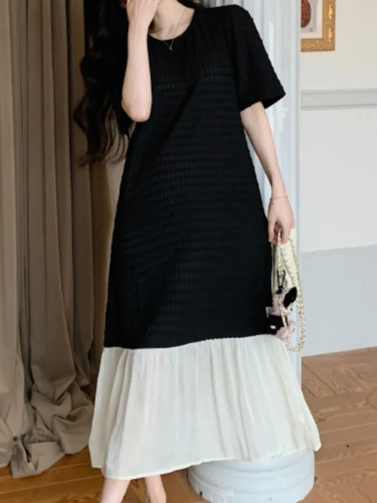 فستان نسائي كوري صيفي جديد من فيستدوس رداء Elbise فضفاض مقاس كبير وأكمام قصيرة مرقعة بحاشية من الساتان فستان طويل #5