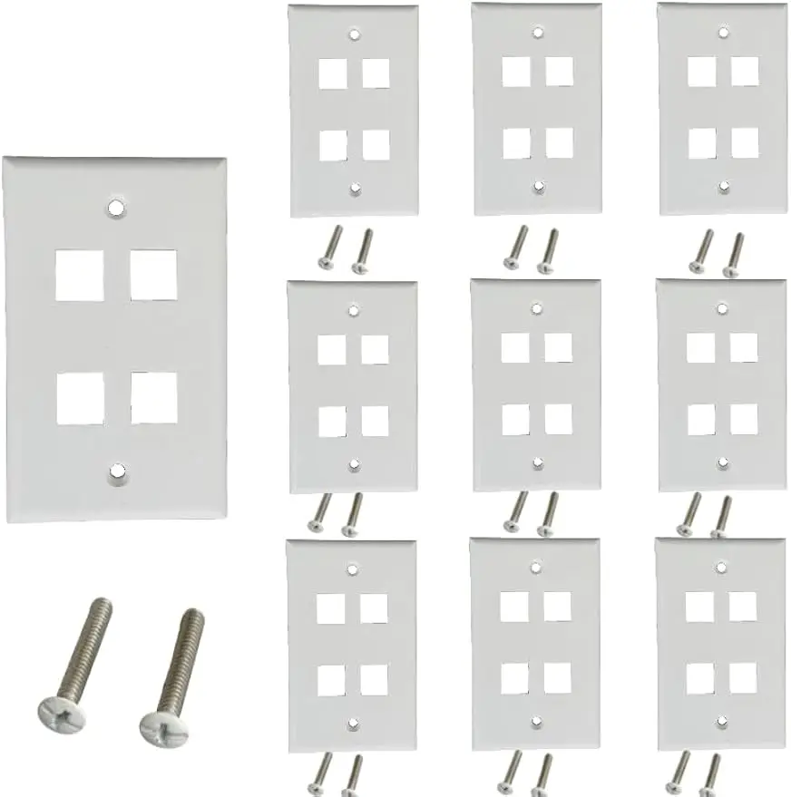 Placa de pared Keystone de 4 puertos (paquete de 10), placas de pared de una sola banda para conector Keystone RJ45 e insertos modulares, blanco