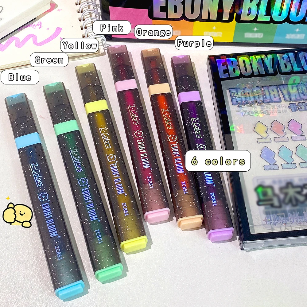 

Набор из 6 цветных маркеров-хайлайтеров с блестками для студентов, простой дизайн, яркие цвета, маркер для выделения текста, ручка для заметок.