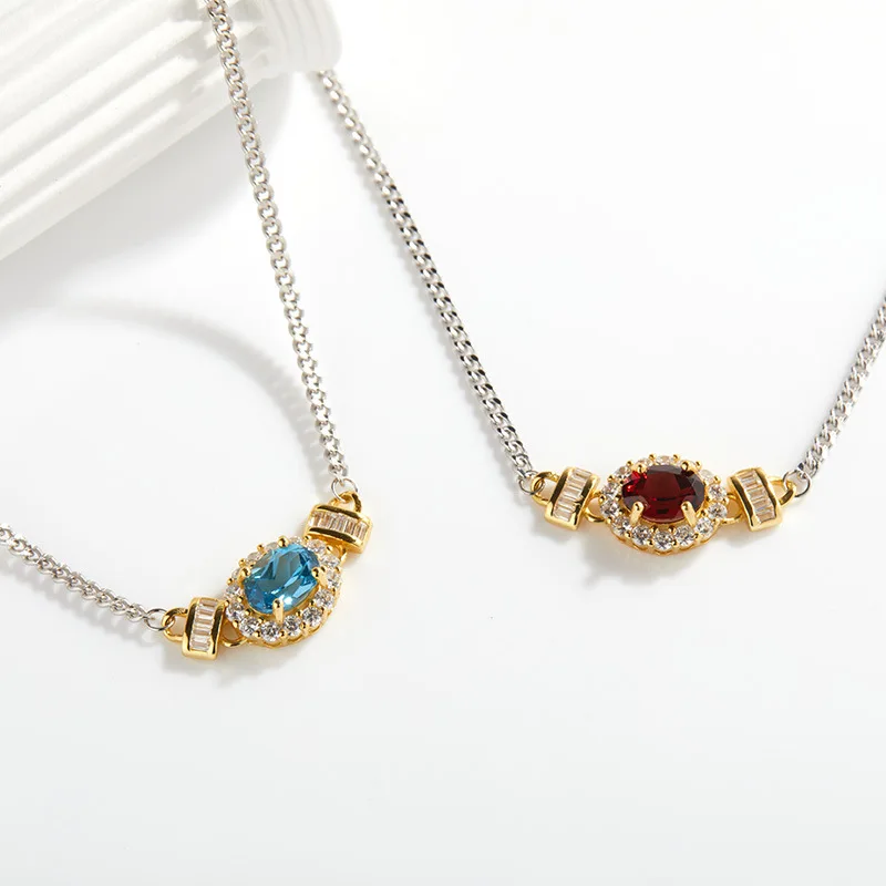 

s925Sterling Silver Inlaid Natural Multi-color Optional Gemstone Egg-shaped Pendant Collarbone Necklace Light Luxury Niche High-