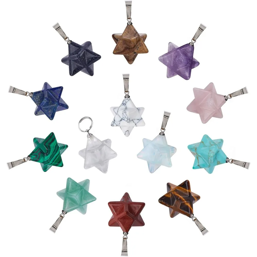 13 Pcs Merkaba Star Shape Mixed Stone Pendants Gemstone Dangle Charms for Necklace Jewelry Making Hole: 5x7mm