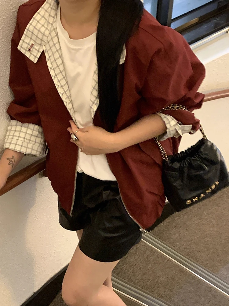 

Chic Autumnal Plaid Double-Sided Wear Loose Long Sve Casual Jaet ort Outerwear for Women Commute Sle Age-Defng