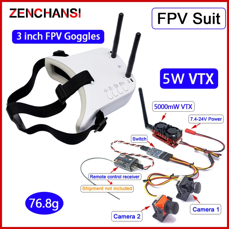 Long Range 5.8Ghz 5W FPV Wireless Transmitter with Dual CMOS 1500TVL B19 Mini FPV Camera and fpv goggles for RC Playing Part