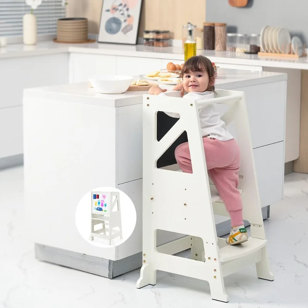 

Toddler Kitchen Stool Helper - Toddler Tower with Message Boards & Safty Rail Adjustable Height Kids Kitchen Step Stool