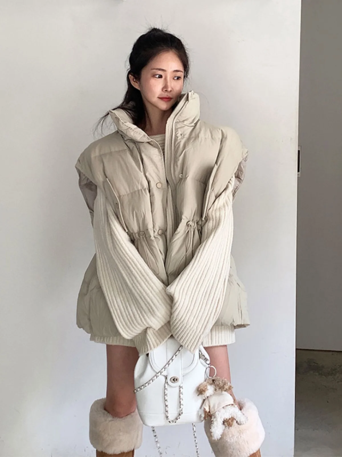 

Women's Casual down Cotton Vest Jacket Winter Simple Color Shoulder Pad Stand Collar Drawstring Waist Cotton Coat Vest