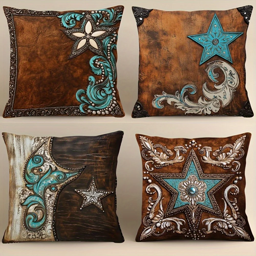 4 piezas  fundas  almohada  turquesa colorida - Poliéster suave con cremallera oculta, estrellas tropicales y patrones flo