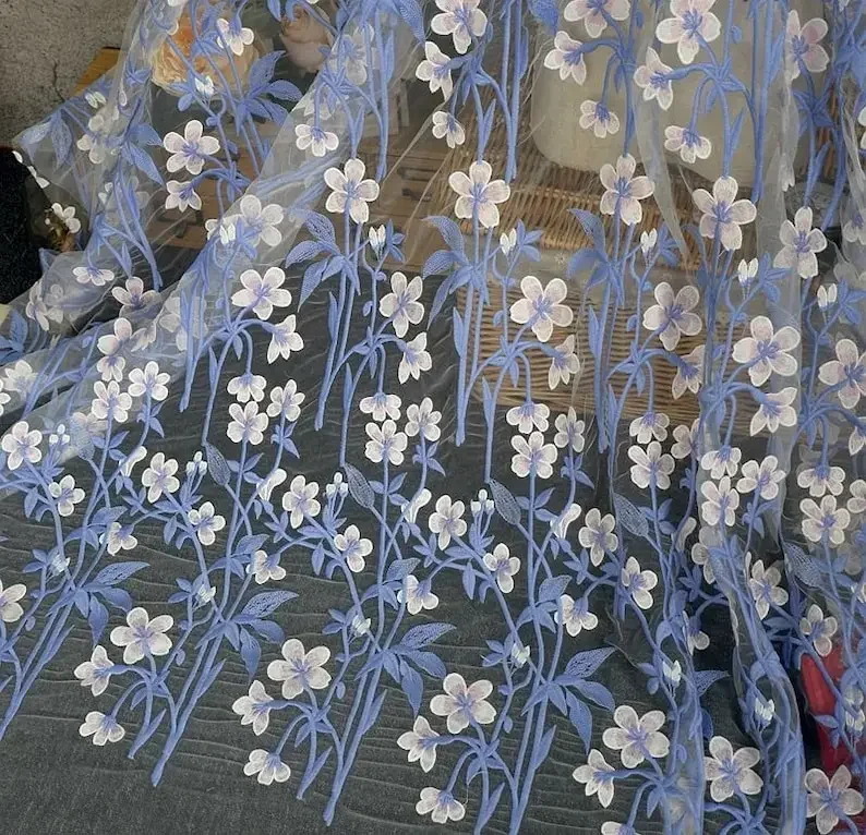 

3D blue flower Embroidered Lace Fabric Pink Floral Tulle Fabric For Girl Dress Tutu Dress Wedding Dress Bridal Veil 1 Yard