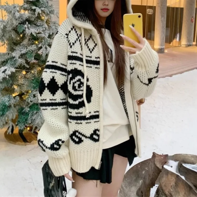 

Korean Fashion Rose Jacquard Hooded Sweater Jacket Women's Autumn and Winter New Loose and Versatile Knitted Cardigan