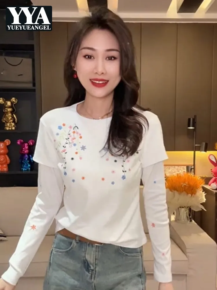 

Женские футболки с круглым вырезом и длинным рукавом, имитация двухслойности, с цветочной вышивкой, модные, приталенные, летние новинки