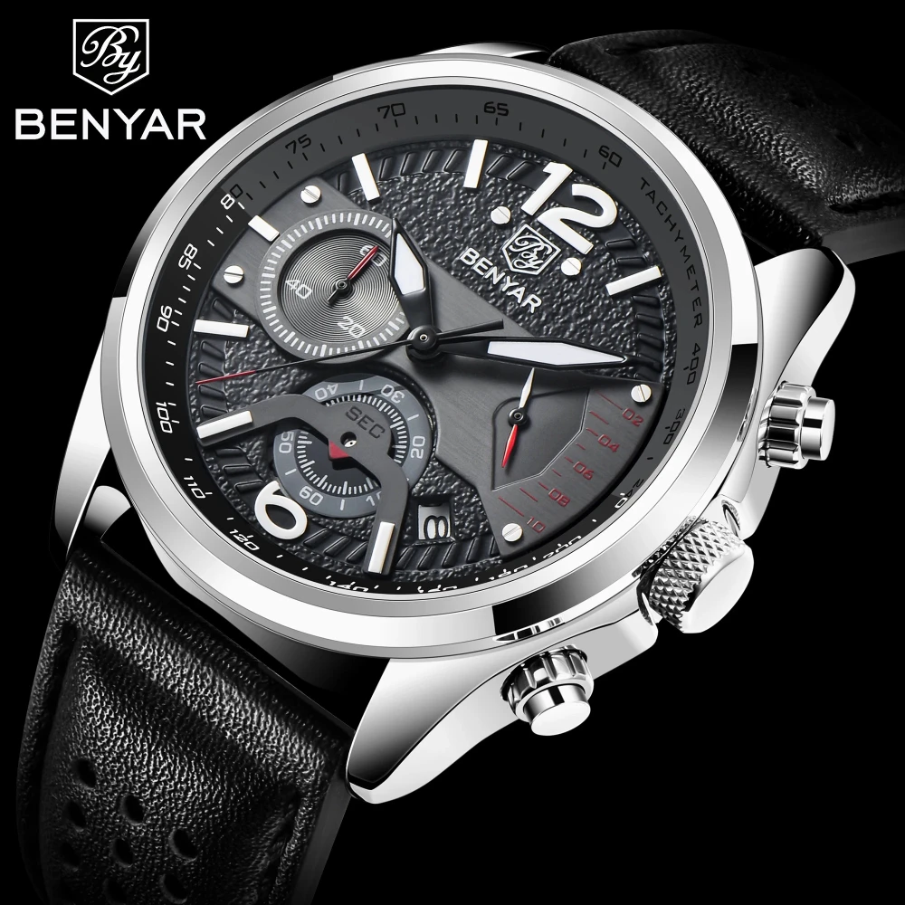 

BENYAR 5171, новые мужские часы, модные спортивные многофункциональные часы с хронографом, кожаные кварцевые часы, мужские часы, лучший люксовый бренд