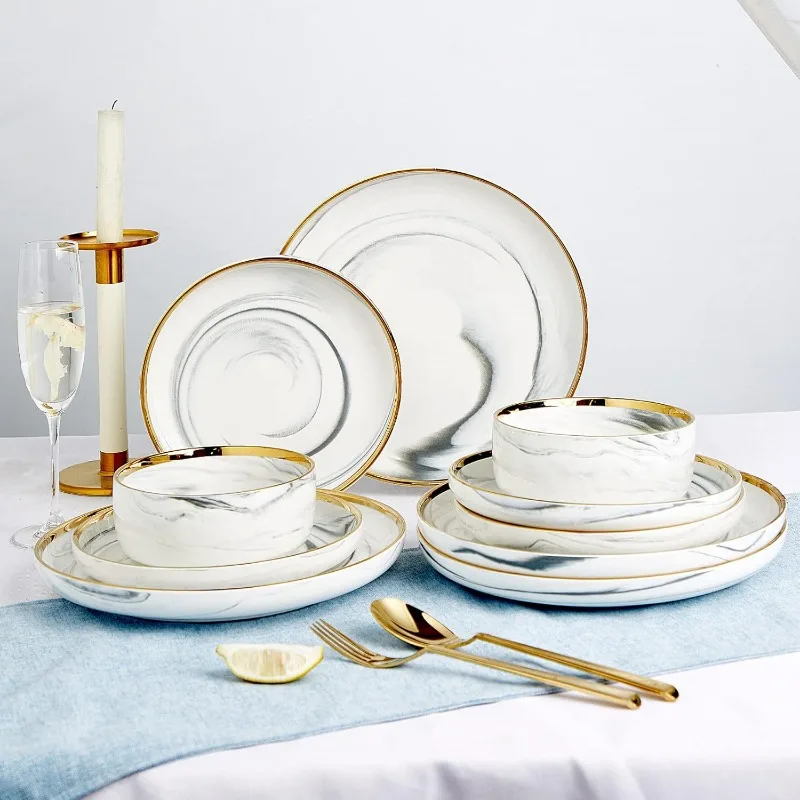 Dinnerware Sets, Marble Gold Line Plates and Bowls Sets Stoneware Dishes Set for 4, 12 Piece White Grey China Porcelain Round