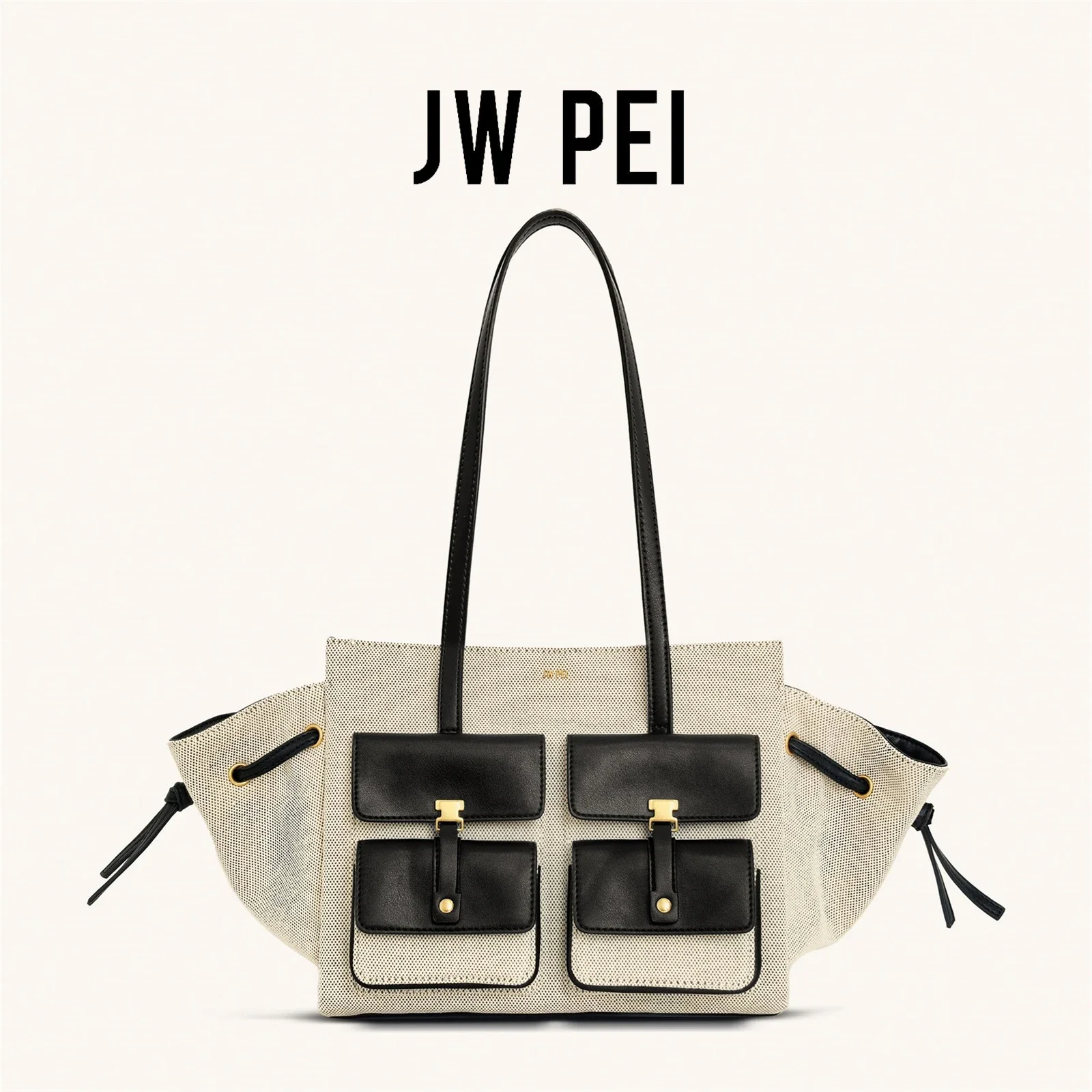 

JW Pei New Canvas Black Motorcycle Style Tote Bag Women's Large Capacity Crossbody Purse for Commuters Underarm Shoulder Handbag