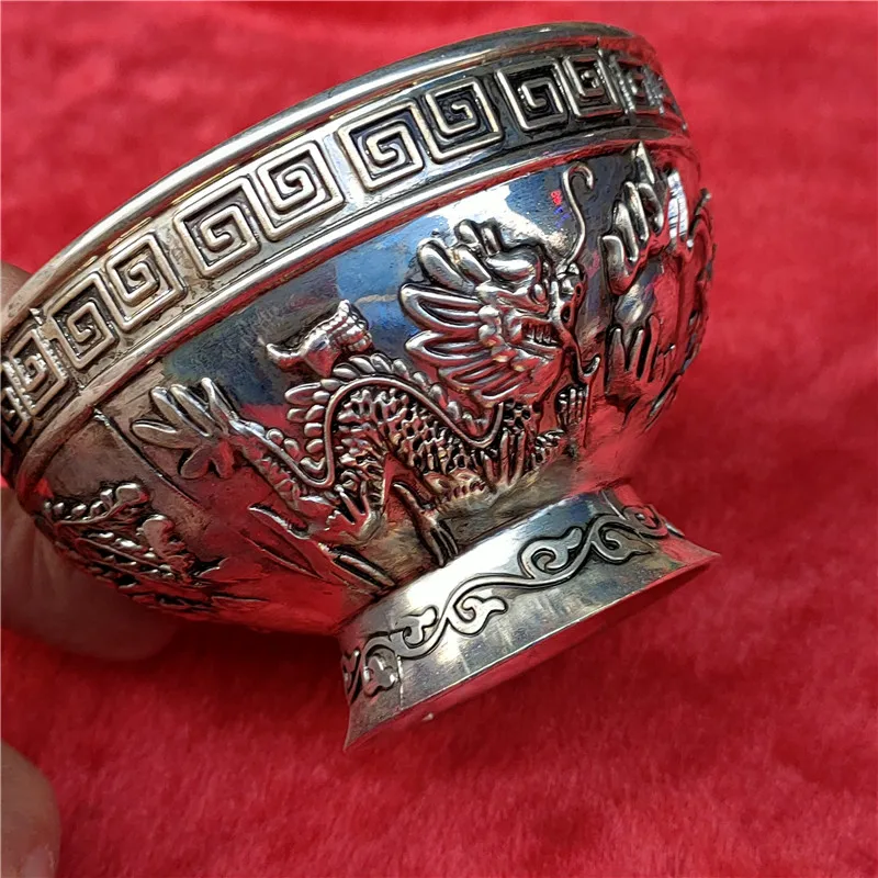 

Bronze handicrafts white copper silver-plated Miao silver bowl dragon and phoenix appreciation good