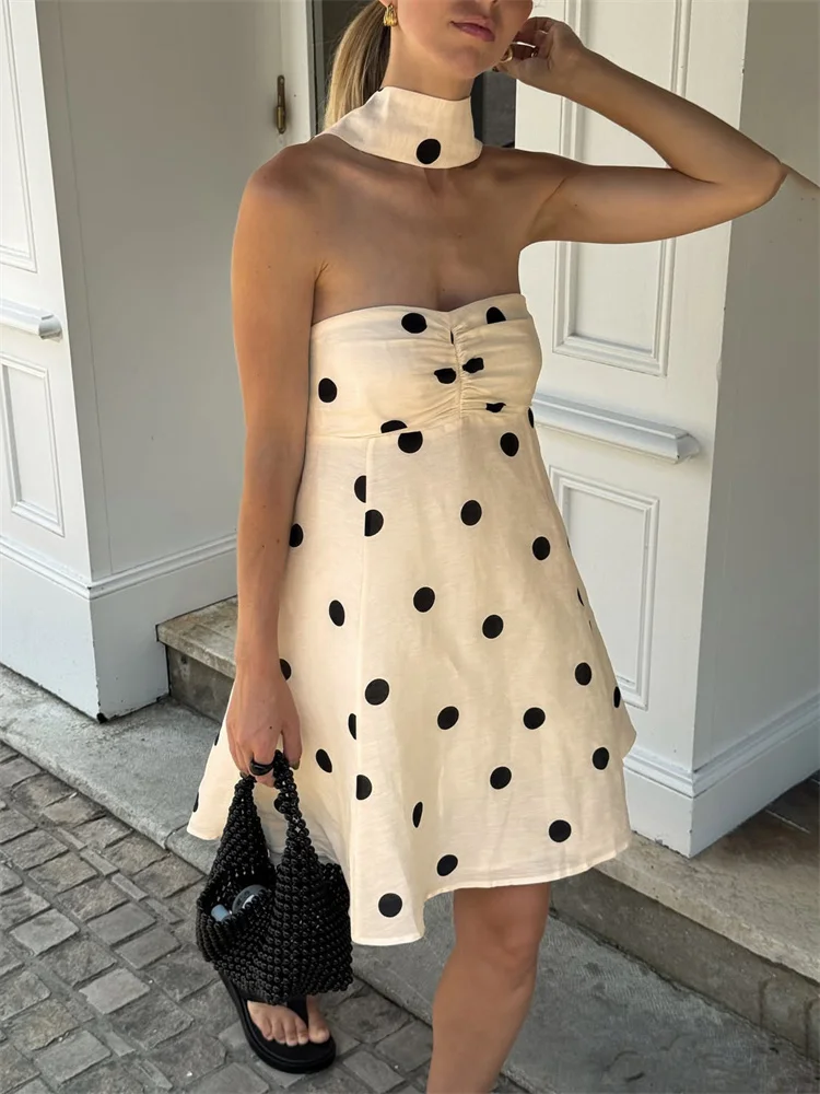 

Tossy Elegant Lace-Up Fashion Mini Dress Women's Contrast Pleated Backless Summer 2025 New Bodycon Dress Female Printed Dress