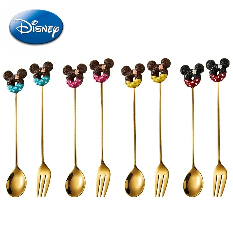미키 미니 마우스 포크 스푼 귀여운 만화 애니메이션 피규어 도넛 스테인레스 스틸 식기 휴대용 식기 가정용 선물