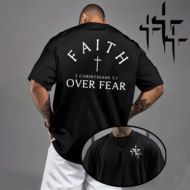 Faith Over Fear Pattern T-Shirt für Herren, hochwertiges, kurzärmliges Oberteil aus reiner Baumwolle, Sommer-T-Shirt für Herren, täglich, lässig, modisch, atmungsaktiv – Detail 3
