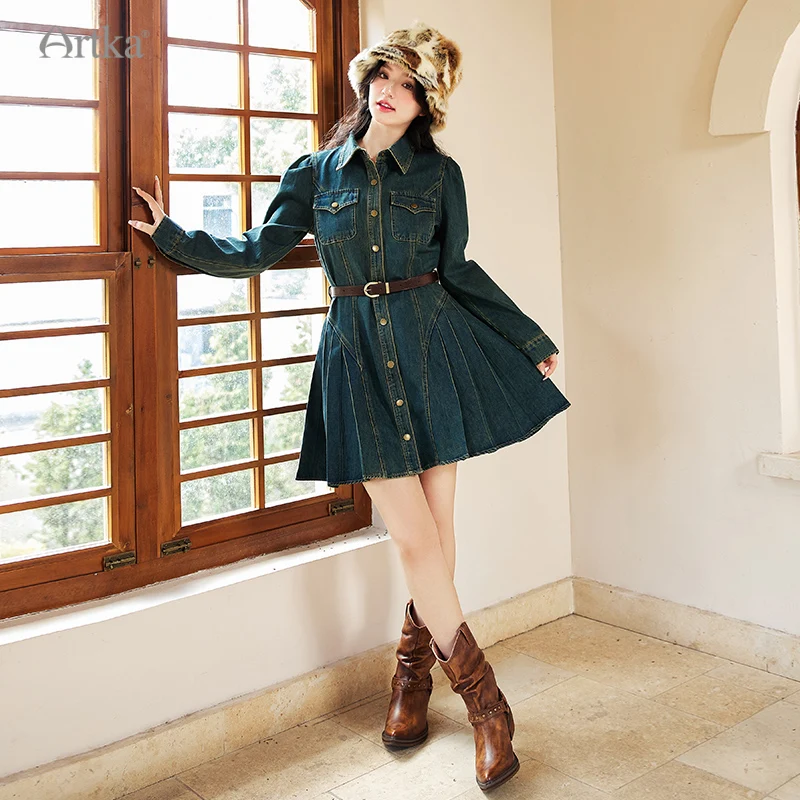 ARTKA 2023 Autumn New Fashion Vintage High Waist Lapel Denim Dresses Female Single Breasted Pleated Dress With Belt LN92232Q