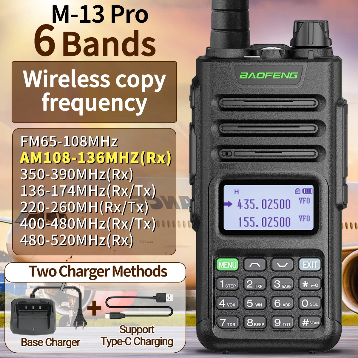 BaoFeng M-13 Pro Walkie Talkie Air Band Wireless Copy Frequency Type-C Charger Long Range Two Way Radio UV-K5 Ham Radio