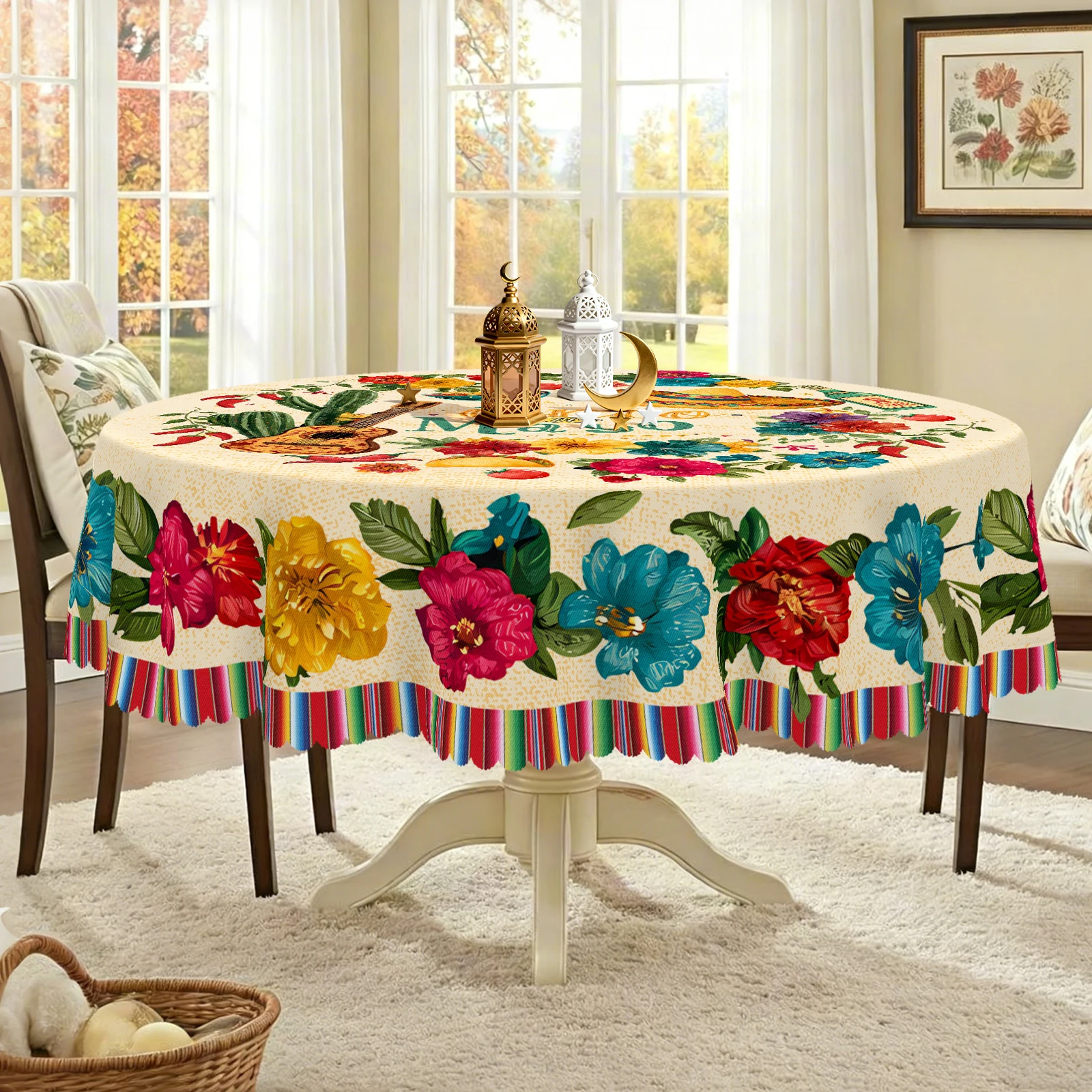 Toalha de Mesa Estilo Mexicano para o Festival de Maio, Vibrante e Exótica, com Estampas de Flores Delicadas, Comida, Cactos, Guitarras e Chapéus de Festa, Bordas em Relevo, Impermeável, Resistente a Rugas e Desbotamento, Disponível em Formatos Redondo e 