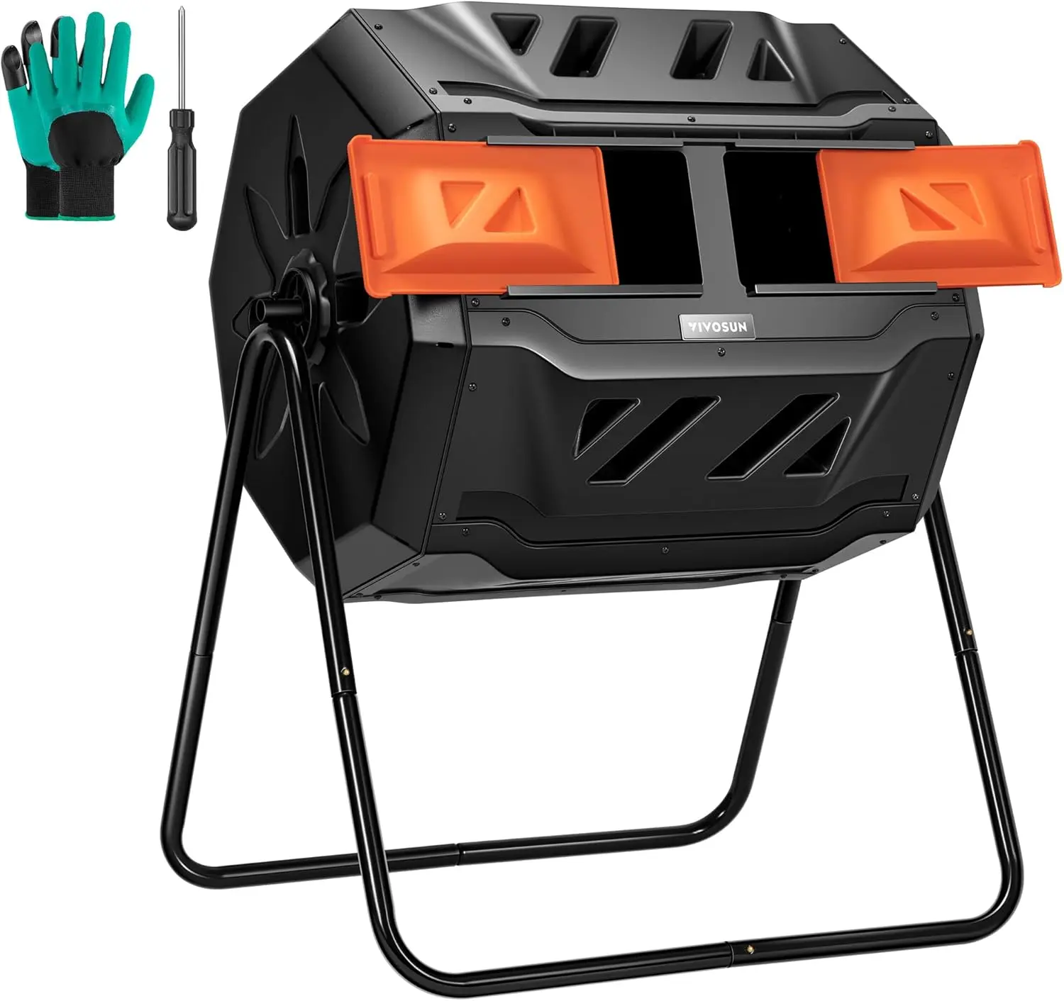 

Outdoor Dual Rotating Tumbling Composter, 43 Gallon Orange Door for Easy Batch Composting