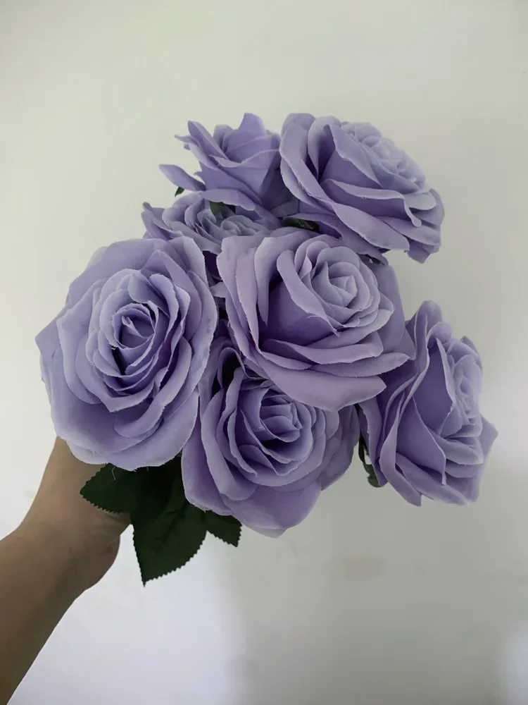 9หัวดอกกุหลาบช่อดอกไม้ประดิษฐ์ดอกไม้สีม่วงเข้มสีม่วงRoseปลอมRoseห้องนั่งเล่นตกแต่งงานแต่งงาน
